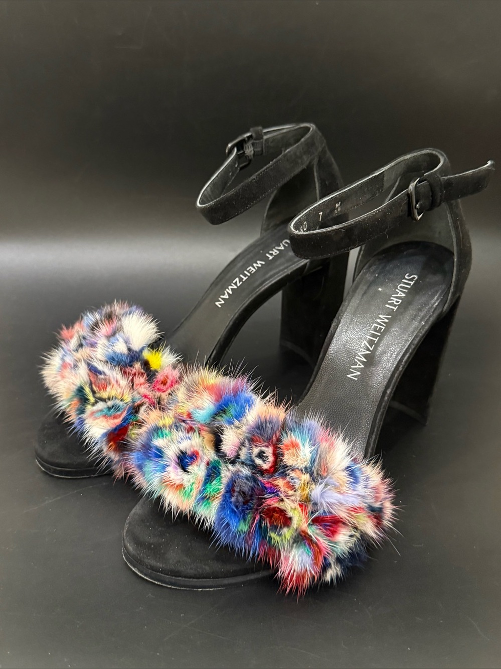 STUART WEITZMAN Icelandia Mink Fur and Suede Black High Heel Sandals Size 7M